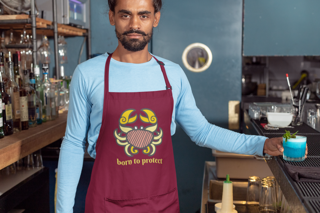custom apron in delicatessen café
